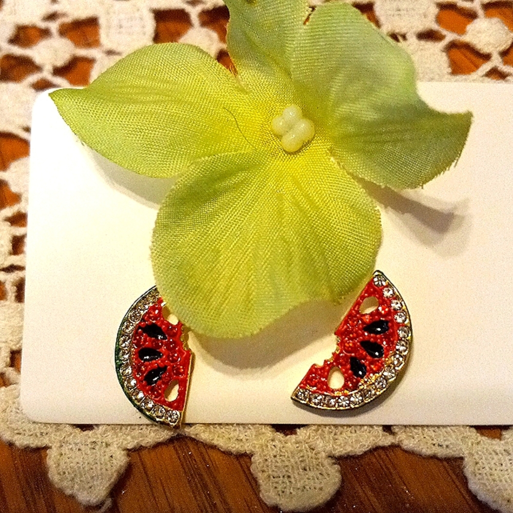 3/4" watermelon 🍉 shape rhinestone enameled post earrings New